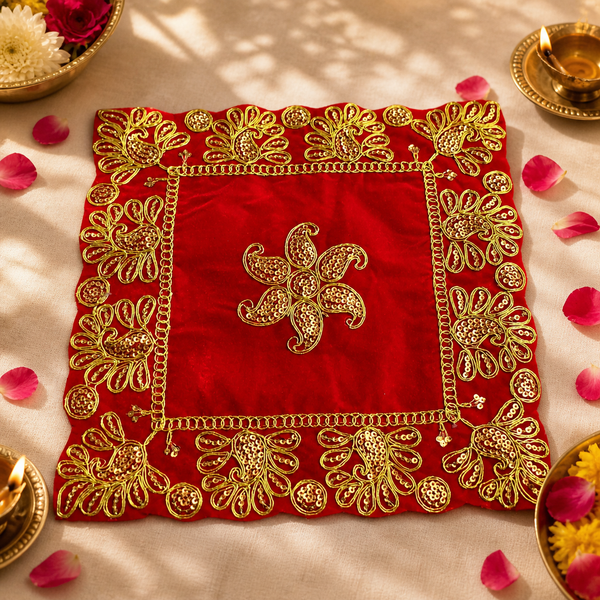 Luxury Designer Square Velvet Embroidered Red Pooja Aasan Cloth for Mandir | Premium Altar Cover for Temple, Puja Chowki, Home Shrine & Diwali Decoration