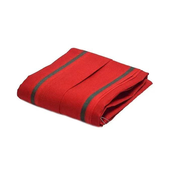 Folded red cotton gamcha patka with dark green border stripe