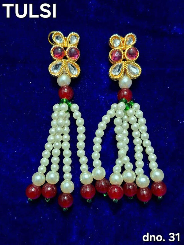 Pair of pearl bead tassel latkans with gold floral tops and maroon bead ends