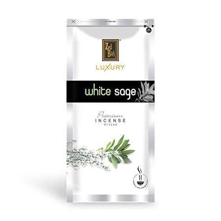 Agarbatti incense pack with white sage and luxury label, premium sticks, sealed pouch