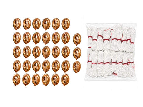 Achleshwar Purushottam Maas 33 Taar Ki 33 Batti with 33 Copper Diya for Pooja, Adhik Maas Deep Daan Set, Cotton Jyot Batti & Tambe Ke Diye Combo Pack for Mandir & Religious Rituals