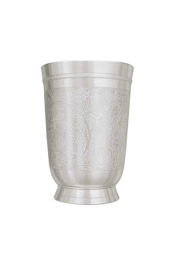 Silver engraved glass cup with floral pattern and flared pedestal base