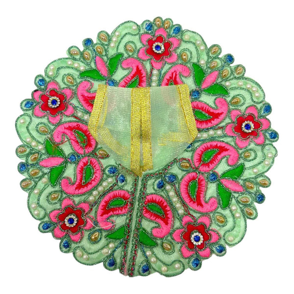 Embroidered bal gopal dress, mint green with pink floral embroidery and decorative beadwork