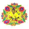 Handmade floral embroidered poshak dress with yellow fabric and pink-blue flower details
