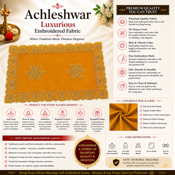 Luxury Designer Velvet Embroidered Yellow Pooja Aasan Cloth for Mandir | Premium Altar Cover for Temple, Puja Chowki, Home Shrine & Diwali Decoration