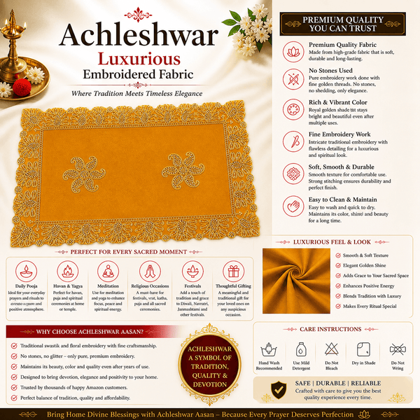 Rectangular yellow velvet pooja aasan cloth with gold embroidered floral border