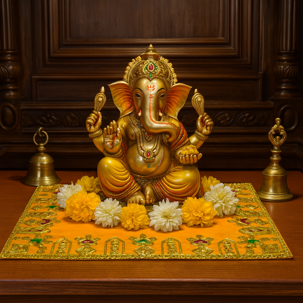 Designer Velvet Embroidered Pooja Aasan Cloth 30X40 inch Yellow | Chowki Aasan for God Idol