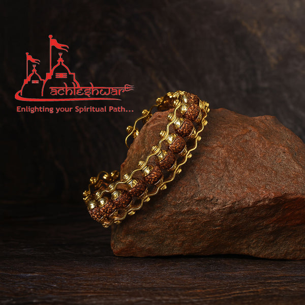Achleshwar Gold Plated Premium Rudraksha Chain Bracelet for Men & Women | Stylish Spiritual Kada with Original Rudraksha Beads