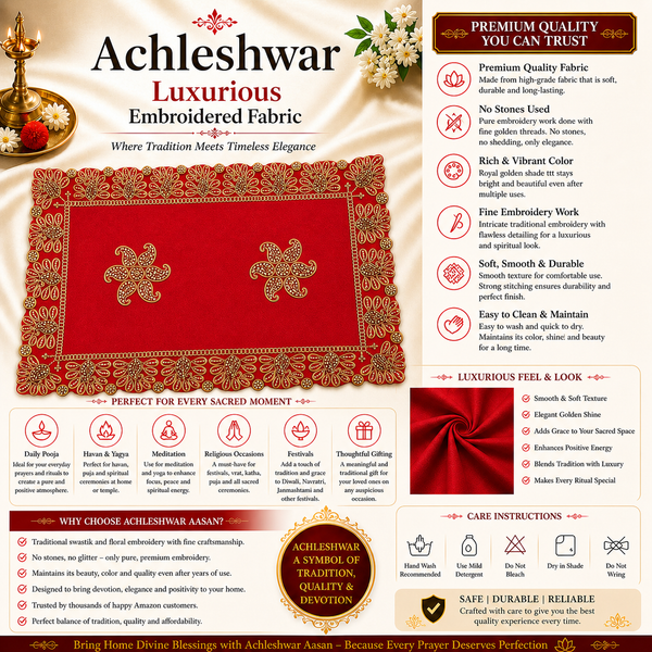 Luxury Designer Velvet Embroidered Red Pooja Aasan Cloth for Mandir | Premium Altar Cover for Temple, Puja Chowki, Home Shrine & Diwali Decoration