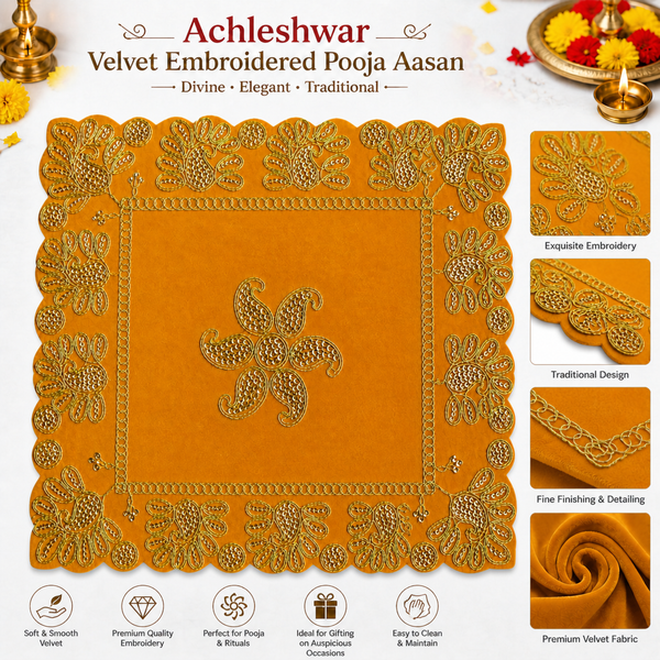 Luxury Designer Square Velvet Embroidered Yellow Pooja Aasan Cloth for Mandir | Premium Altar Cover for Temple, Puja Chowki, Home Shrine & Diwali Decoration