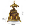 Antique gold carved singhasan stand with canopy top and hanging hook, 26x23cm