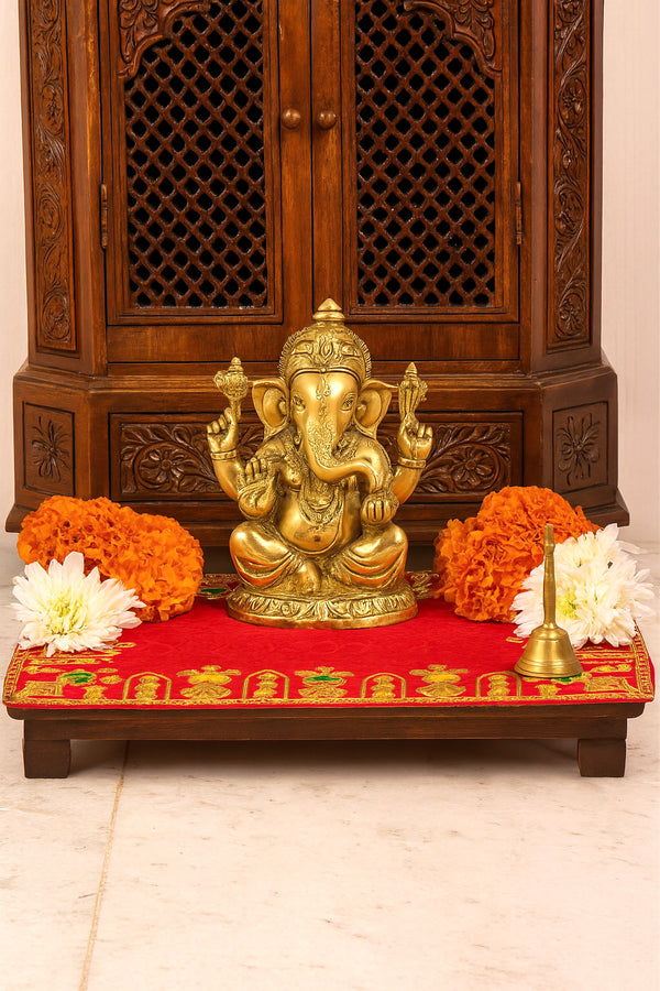 Designer Velvet Embroidered Pooja Aasan Cloth 30X40 inch RED | Chowki Aasan for God Idol