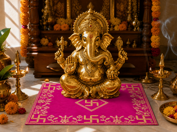 Designer Square Velvet Embroidered Pink Pooja Aasan Cloth for Mandir | Premium Altar Cover for Temple, Puja Chowki, Home Shrine & Diwali Decoration
