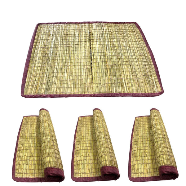 Woven kusa mat with purple border plus three rolled ends