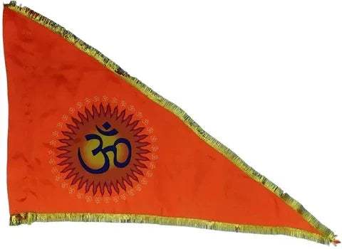 Orange temple flag with OM symbol and gold fringe edge