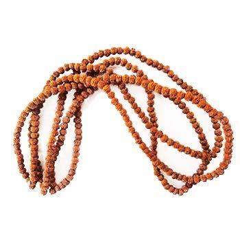 Rudraksha mala with brown 4mm beads and tassel, shown in loose loops