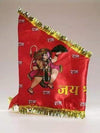Religious printed flag in red with Hanuman figure and large yellow script, gold fringe