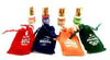 Set of 4 itra bottle pouches with small bottles on top; red, navy, orange, dark green