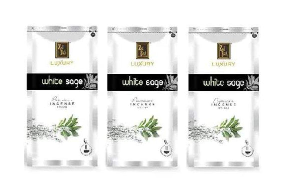 Set of three luxury agarbatti incense packs in white sage scent, sealed pouches