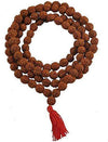 Brown rudraksha bead mala with red tassel, close view of bead texture