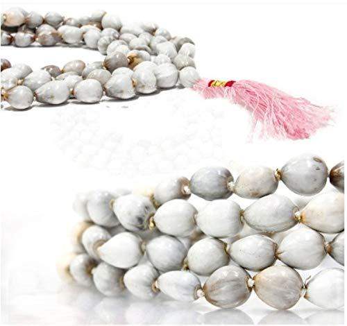 Triple-strand bead mala necklace with white-grey beads and pink tassel