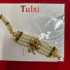 Gold-tone pearl bead hair garland with green gem accents and small deity charms