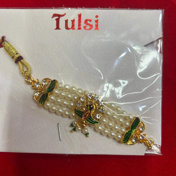Gold-tone pearl bead hair garland with green gem accents and small deity charms
