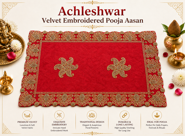 Luxury Designer Velvet Embroidered Red Pooja Aasan Cloth for Mandir | Premium Altar Cover for Temple, Puja Chowki, Home Shrine & Diwali Decoration