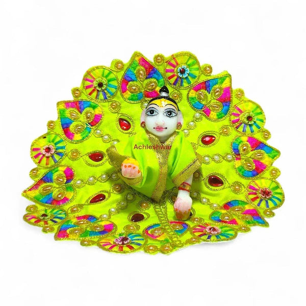 Lime green Bal Gopal poshak dress with jari trim, beads and stonework, scalloped skirt