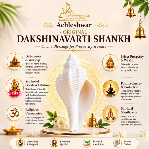 Original Dakshinavarti Shankh (3–4 Inch) | Sacred Right-Hand Conch Shell for Pooja, Lakshmi Worship, Vastu & Spiritual Prosperity
