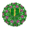 Embroidered green circular poshak with pink accents and gold central stripes