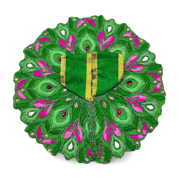 Embroidered green circular poshak with pink accents and gold central stripes