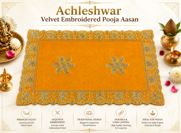 Luxury Designer Velvet Embroidered Yellow Pooja Aasan Cloth for Mandir | Premium Altar Cover for Temple, Puja Chowki, Home Shrine & Diwali Decoration