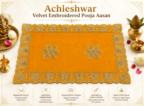 Yellow velvet pooja aasan cloth with gold embroidered frame and four floral corner motifs