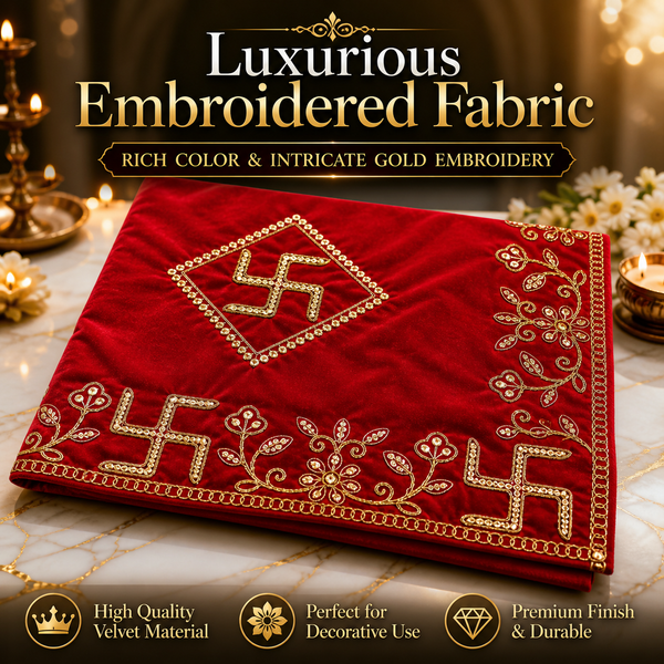 Designer Square Velvet Embroidered Red Pooja Aasan Cloth for Mandir | Premium Altar Cover for Temple, Puja Chowki, Home Shrine & Diwali Decoration