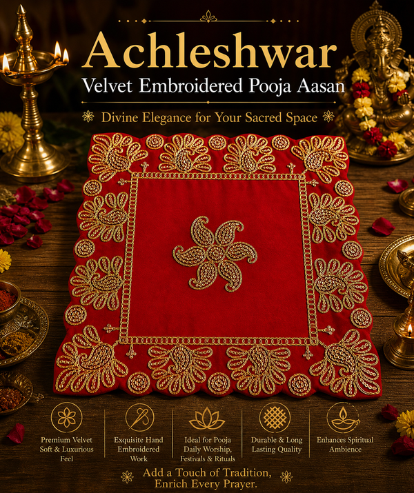 Luxury Designer Square Velvet Embroidered Red Pooja Aasan Cloth for Mandir | Premium Altar Cover for Temple, Puja Chowki, Home Shrine & Diwali Decoration