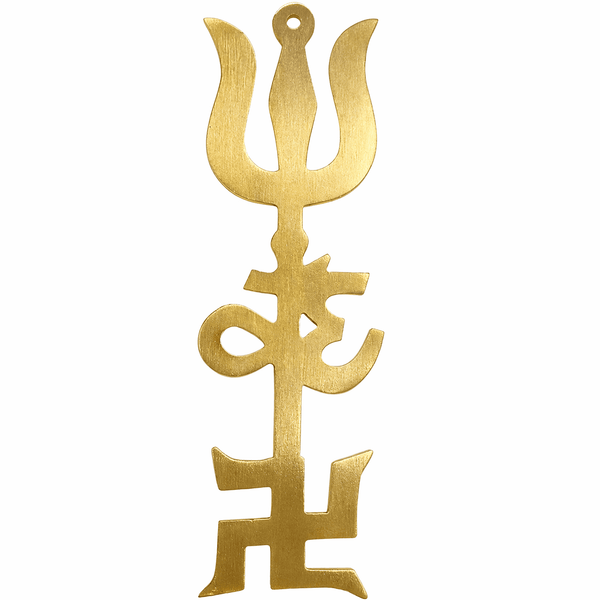 Gold Trishul yantra pendant with Om symbol and layered trident detailing