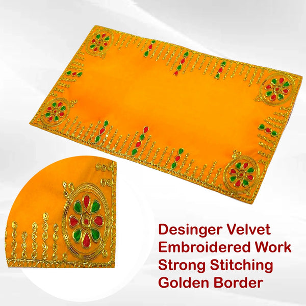 Designer Velvet Embroidered Yellow Pooja Aasan Cloth - Achleshwar