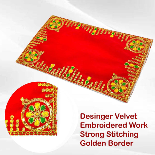 Red pooja aasan cloth with golden embroidered border and four jewel-like corner designs