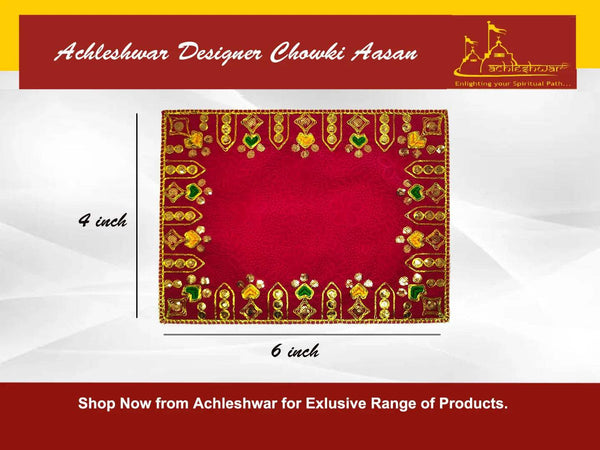 Red velvet pooja aasan cloth with golden embroidered border and diya motifs