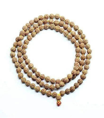Rudraksha bead mala with light brown speckled beads and small centerpiece charm