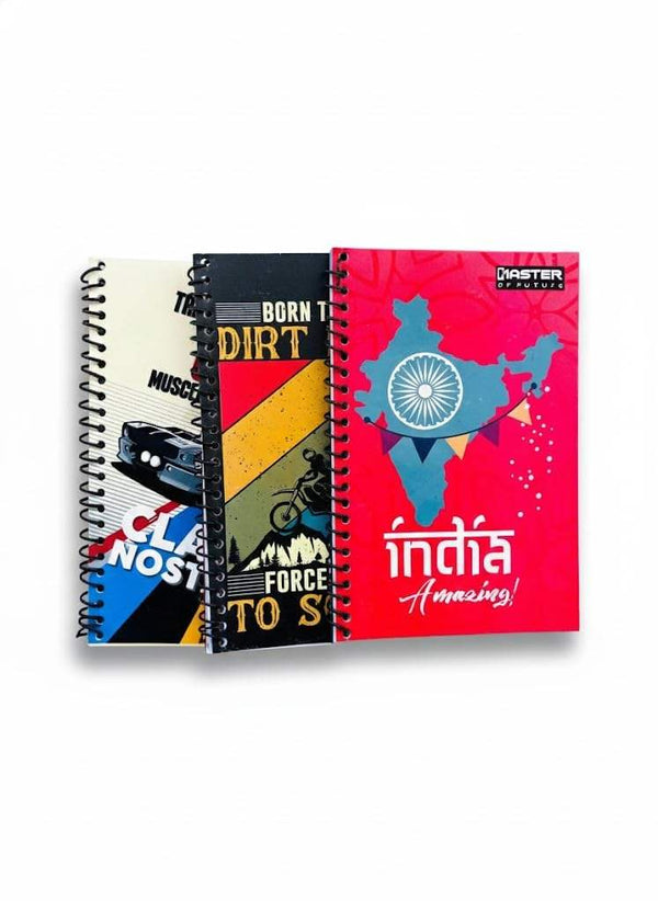 Spiral-bound hardback notebook with illustrated covers featuring India map and graphic text