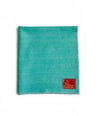 Aqua green woolen puja mat square with red brand label on corner