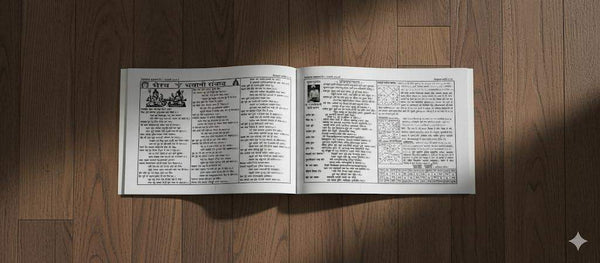 Paperback almanac open to printed text pages with columns and small diagrams