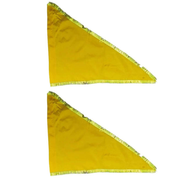 Yellow satin religious flag pennant with green fringe, triangular shape