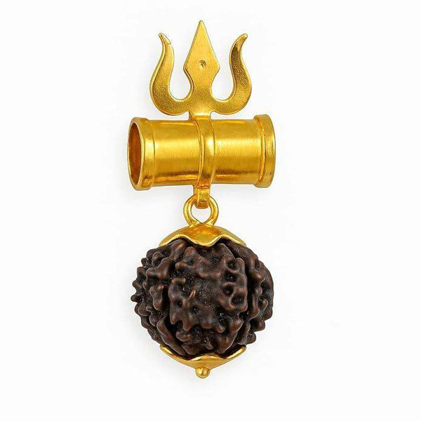 Gold trident-style religious pendant with dark rudraksha bead charm