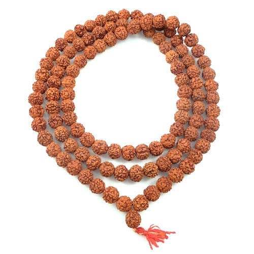 Rudraksh mala necklace with brown bead strands and orange tassel