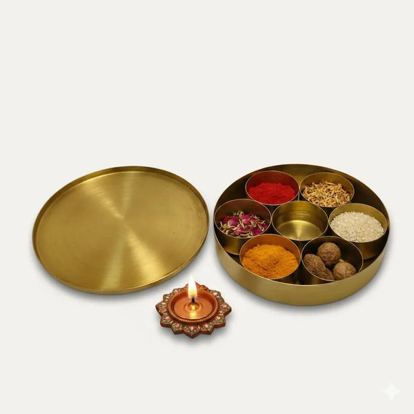 Brass Pooja Box | 7 Dibbi Set for Roli, Chawal, Haldi, Kumkum, Sindoor, Chandan, Turmeric | Traditional Brass Pooja Dani with Lid Holder for Festivals, Vrat & Daily Puja modified this title - Achleshwar