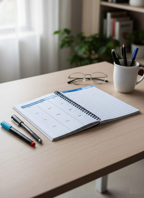 Spiral notebook open to ruled pages with blue grid and dot details