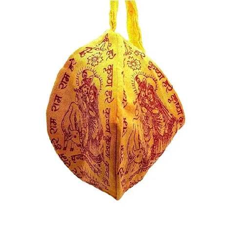 Orange printed pouch with hanging cord and red motif